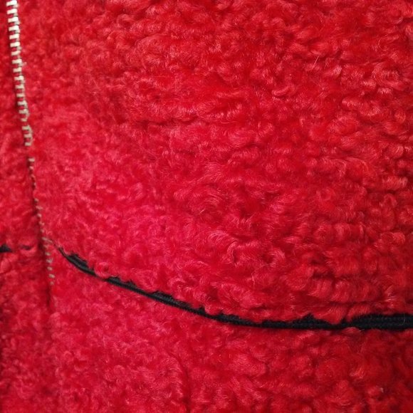 Y2K Cropped Bomber Jacket Pockets Faux-Fur Red - Picture 8 of 13